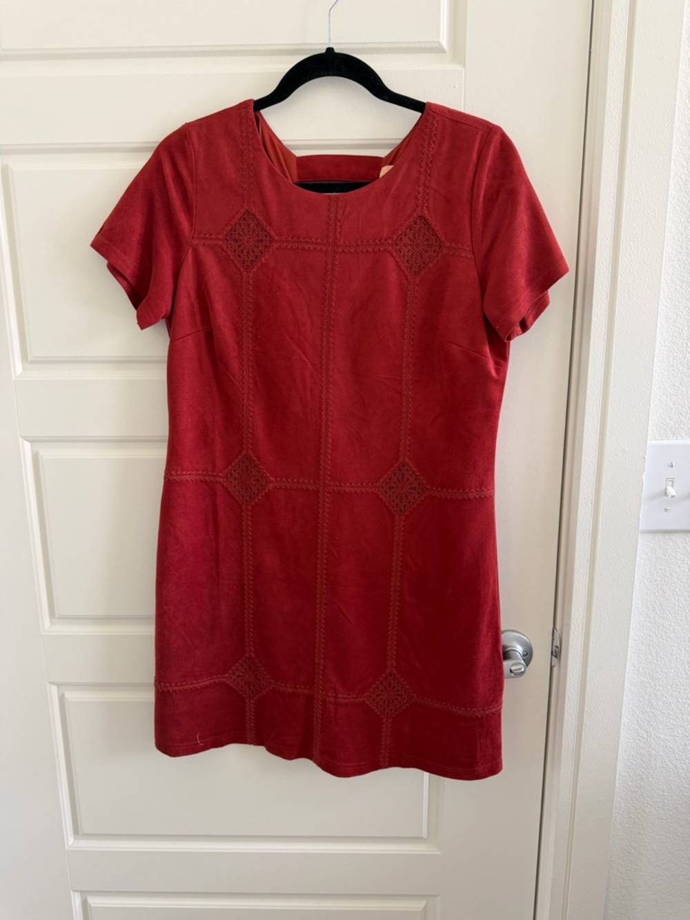 Red Short-Sleeve Suede Shift Dress